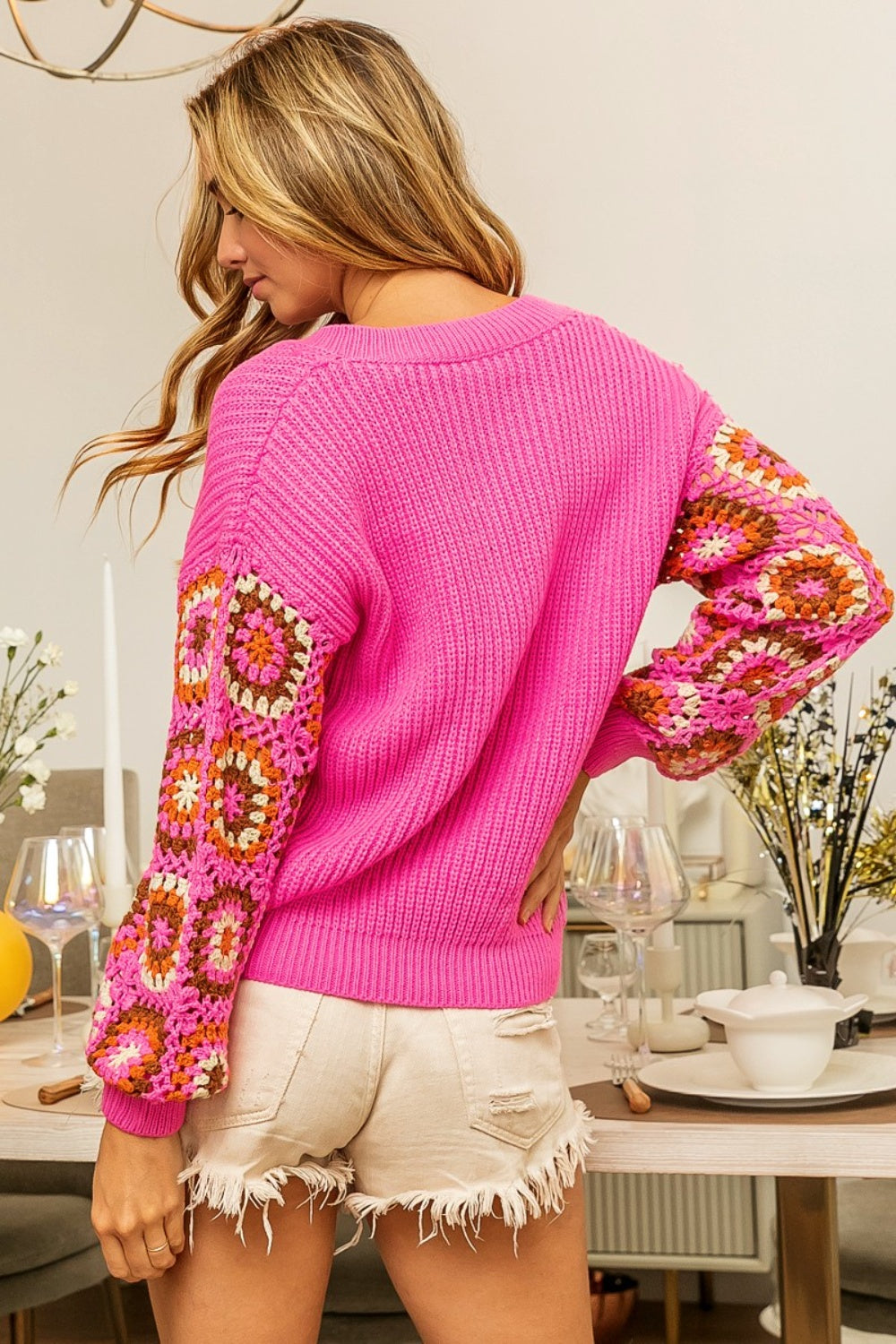 BiBi V-Neck Crochet Long Sleeve Sweater  Trendsi   