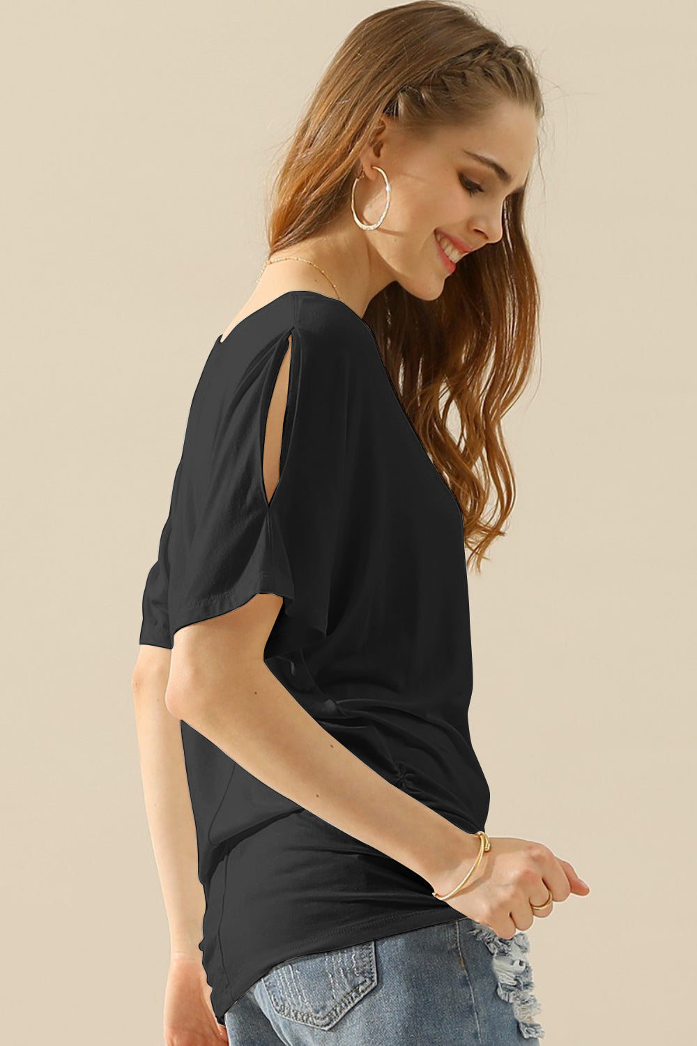 Ninexis Boat Neck Short Sleeve Ruched Side Top Blouse Trendsi   