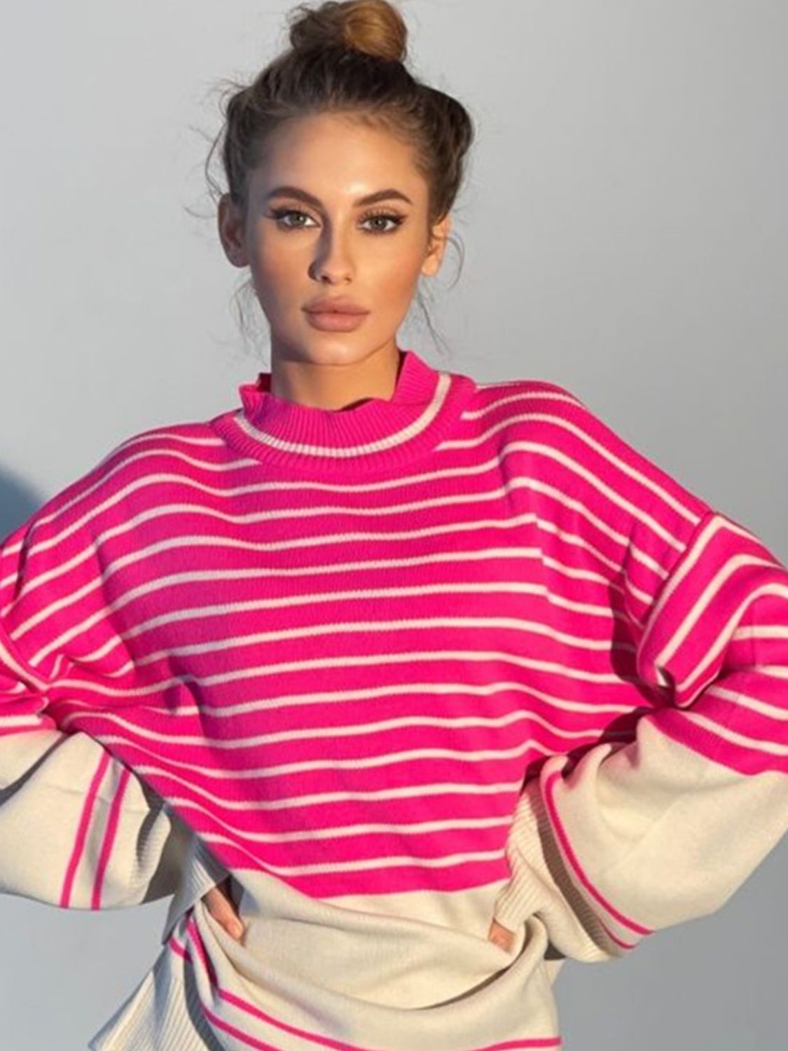 Striped Mock Neck Long Sleeve Sweater  Trendsi   