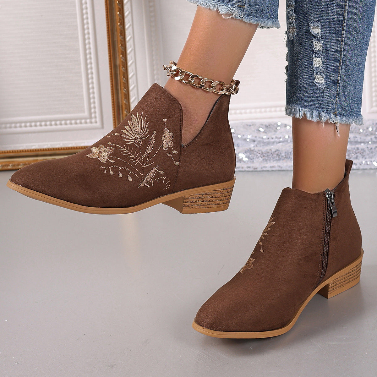 Embroidered Suede Point Toe Block Heel Boots  Trendsi   