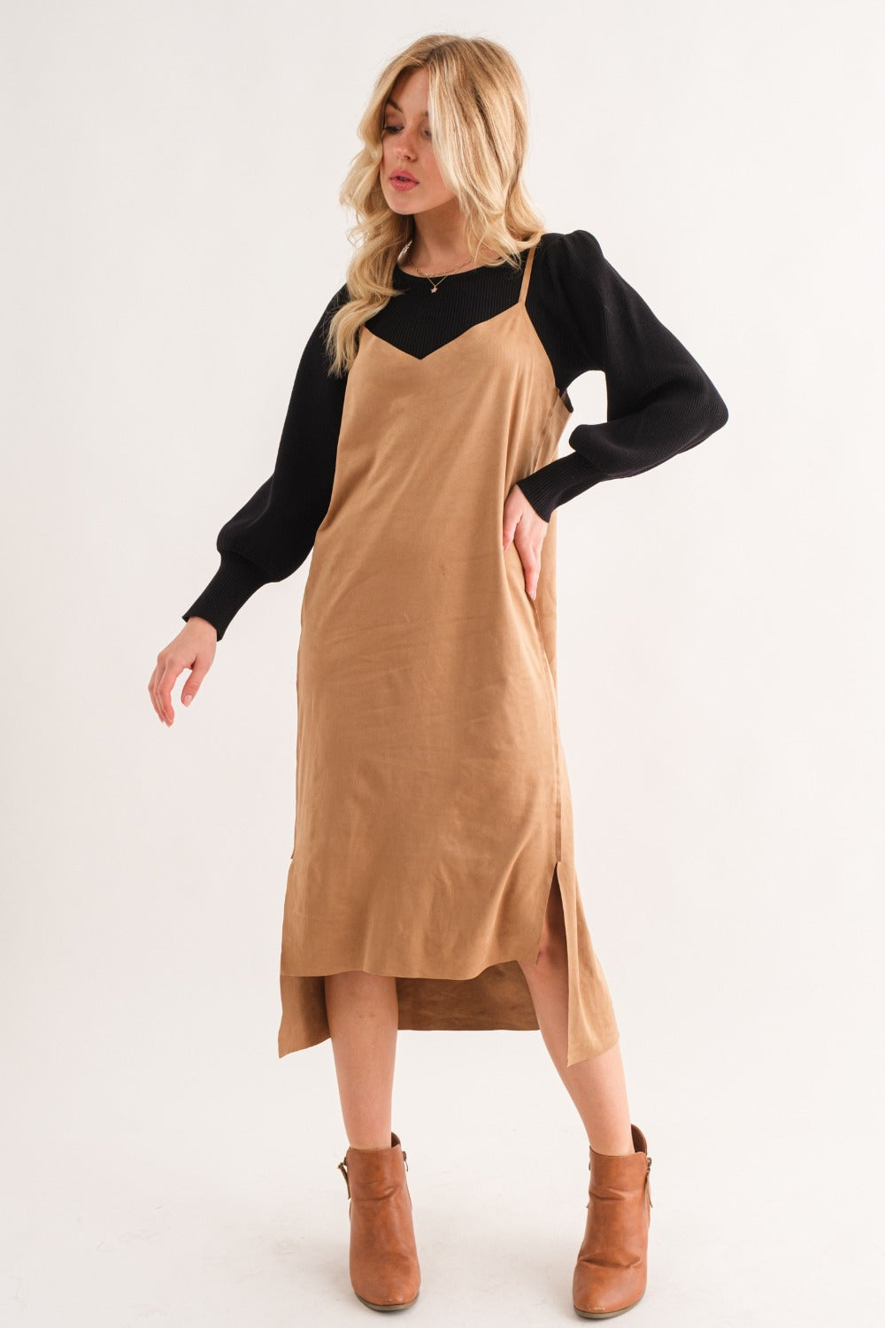 And The Why Faux Suede Cut Edge Slit Cami Midi Dress Luxe Trendsi   