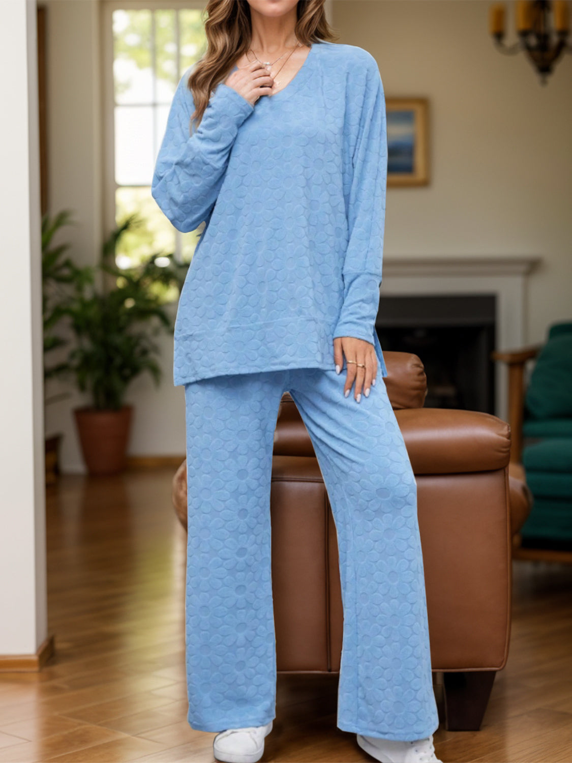 Flower V-Neck Long Sleeve Top and Pants Set  Trendsi Light Blue S 