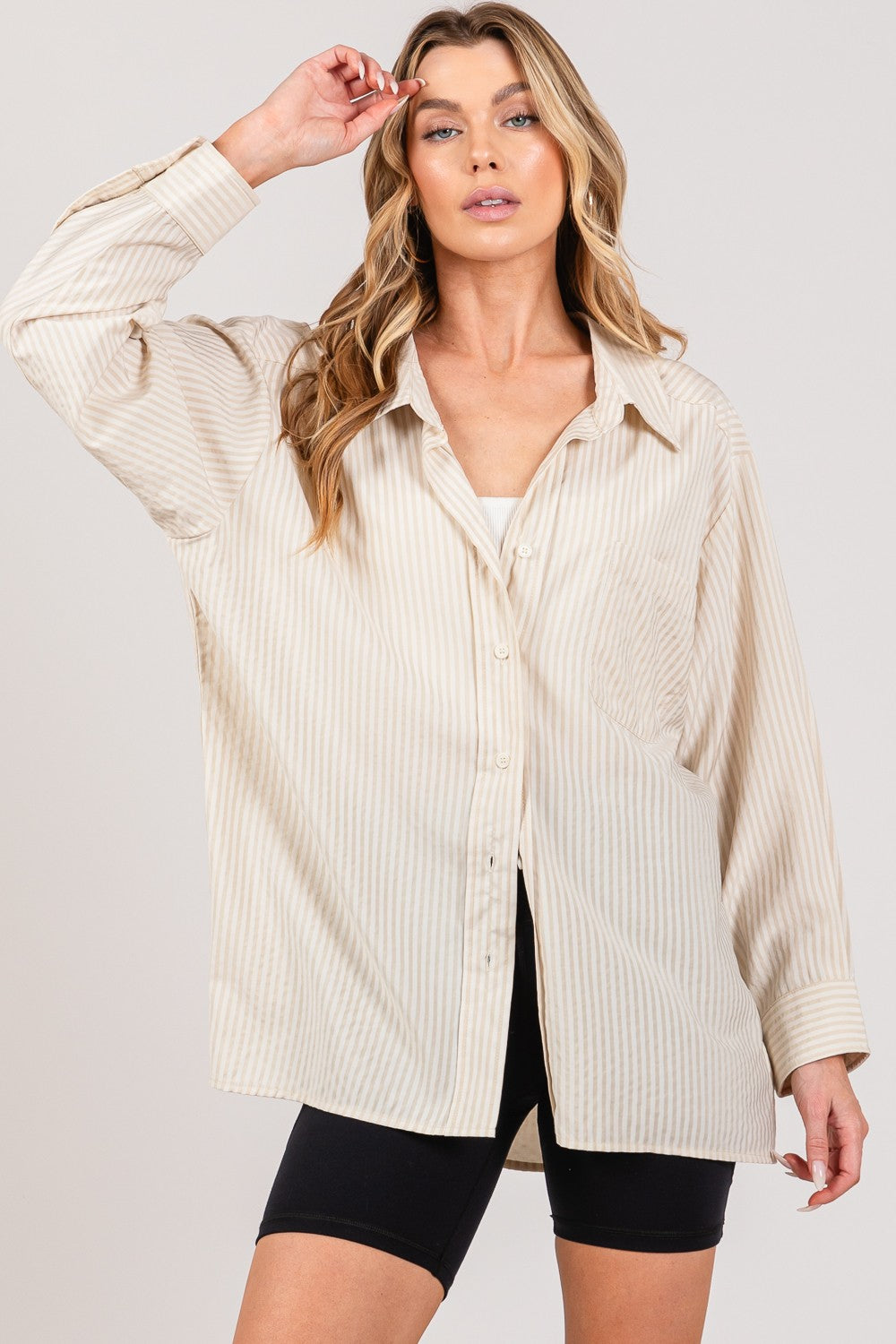 SAGE + FIG Striped Button Up Long Sleeve Shirt  Trendsi   