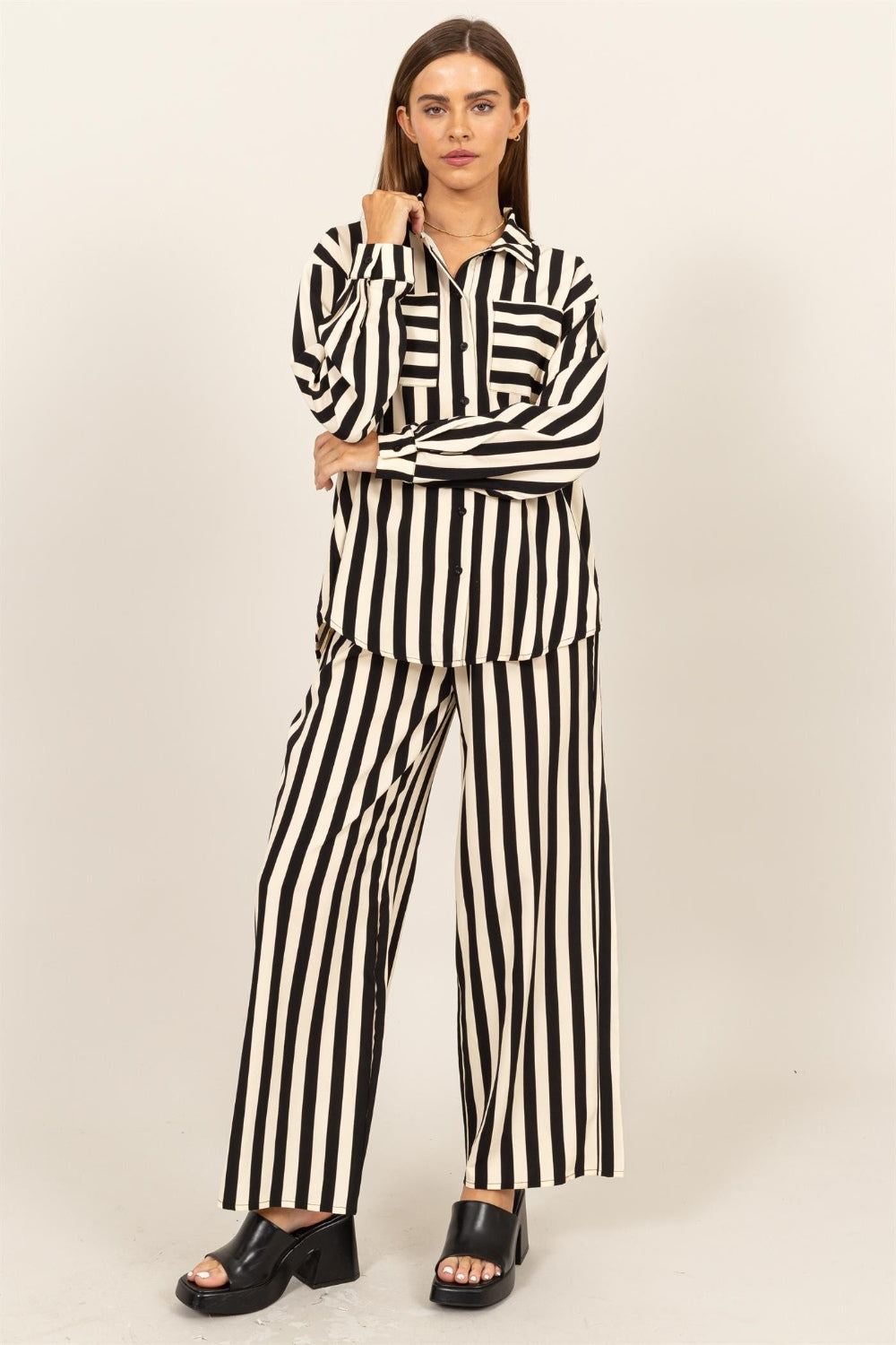 HYFVE Striped Button Up Shirt and Pants Set  Trendsi Black S 