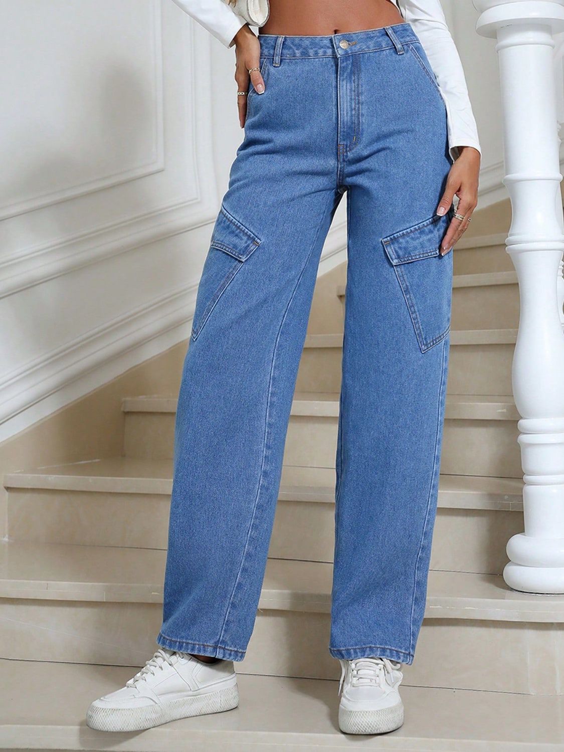 High Waist Straight Leg Jeans with Pockets  Trendsi   