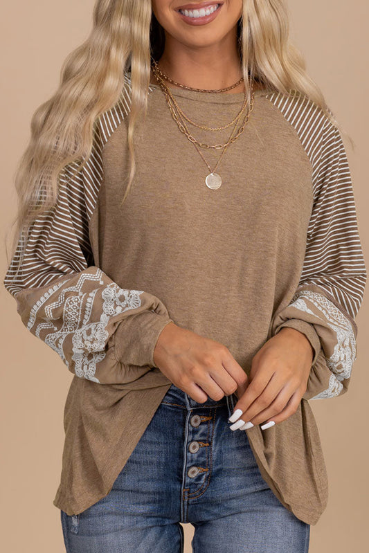 Striped Round Neck Long Sleeve Blouse Blouse Trendsi Khaki S 