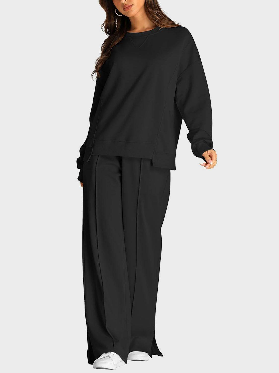 Round Neck Long Sleeve Top and Slit Pants Set  Trendsi   