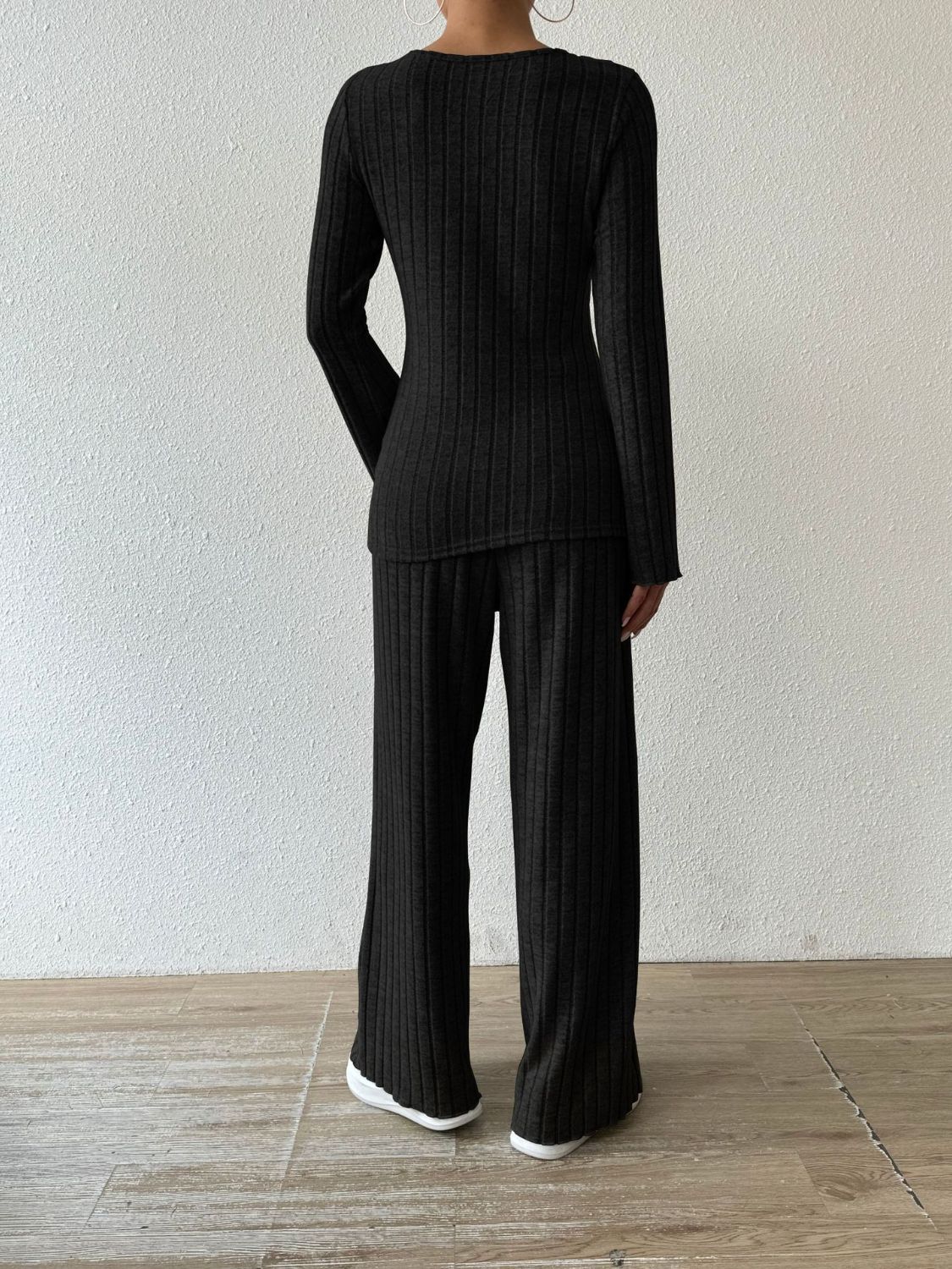 Ribbed V-Neck Long Sleeve Top and Pocketed Pants Set  Trendsi   