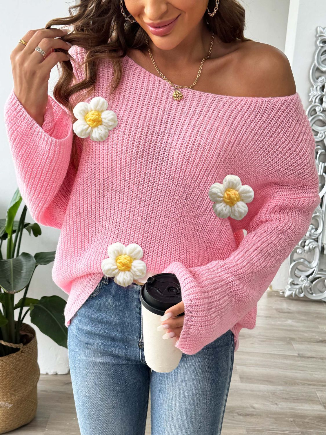 Flower Round Neck Long Sleeve Sweater  Trendsi   