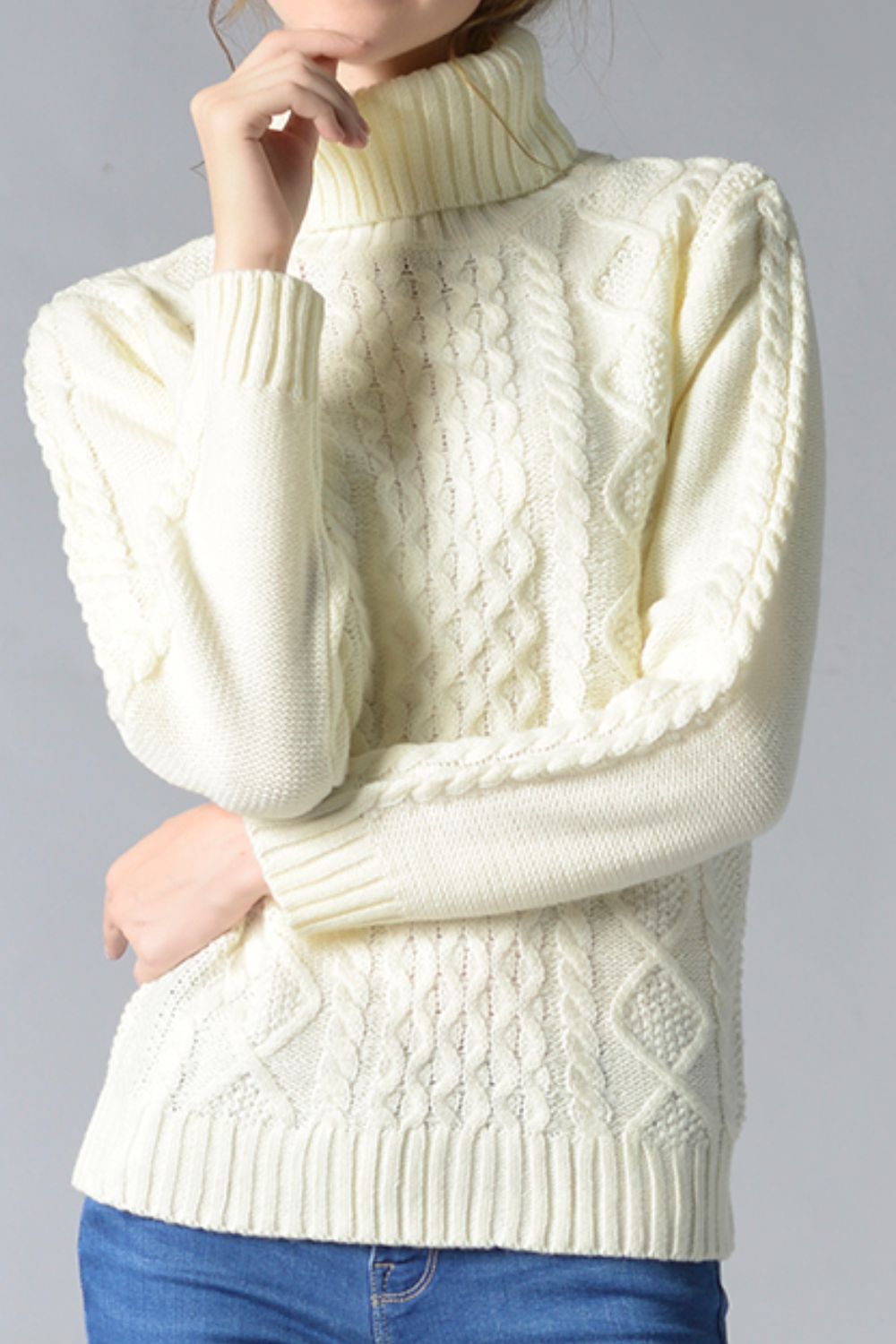 Cable-Knit Turtleneck Pullover Sweater  Trendsi Cream S 