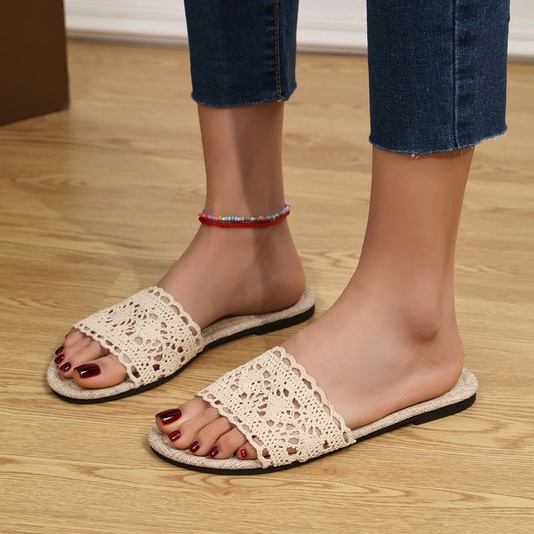 Lace Open Toe Flat Sandals  Trendsi Beige 36(US5) 