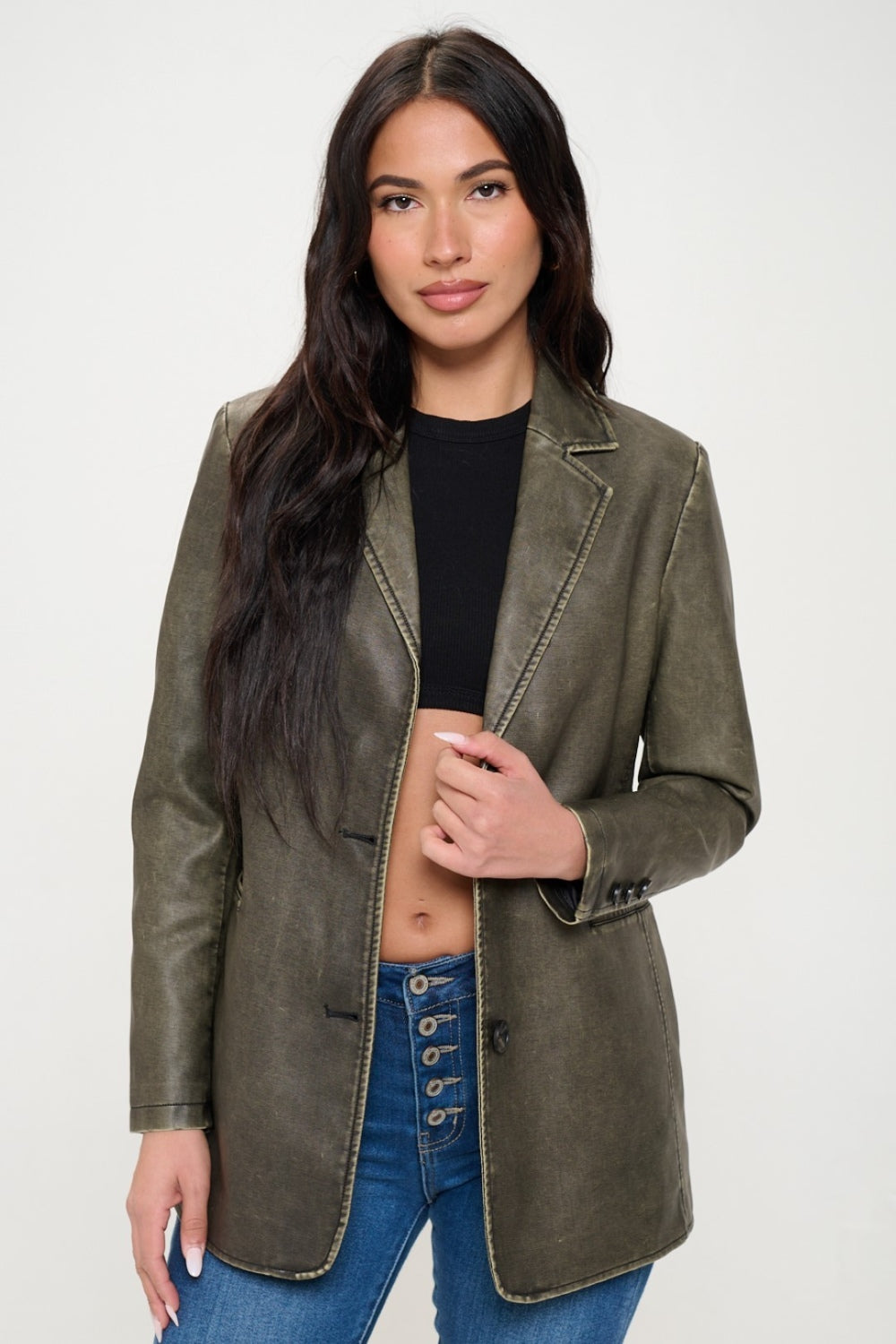 Coalition LA Single-Breasted Vegan Leather Blazer  Trendsi Olive Brown S 