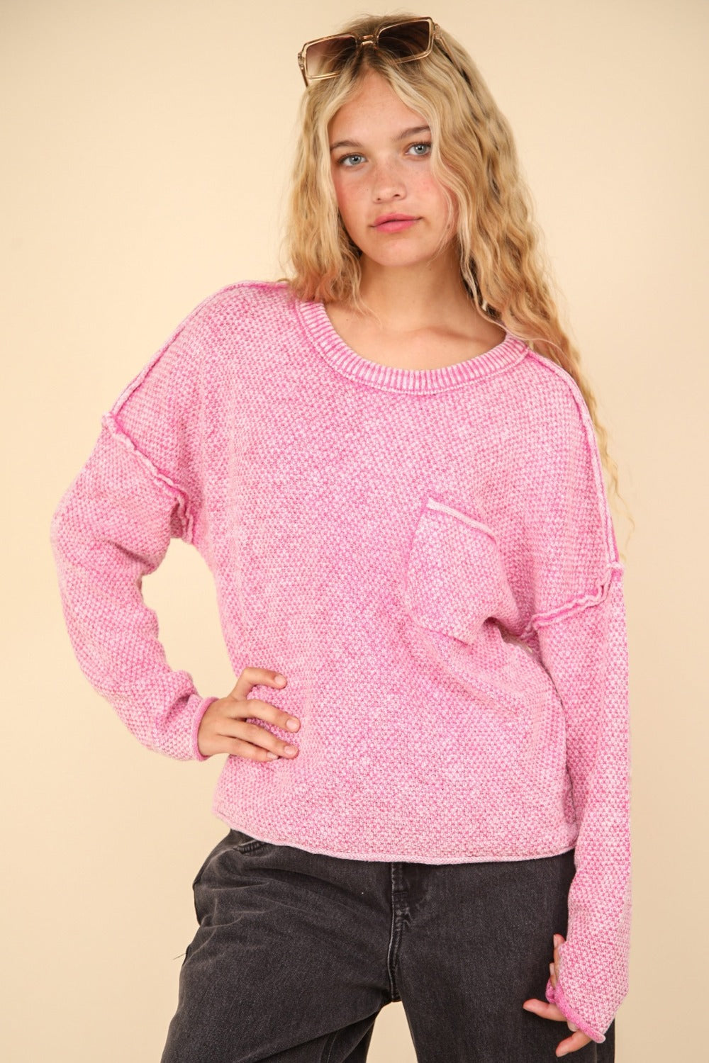 VERY J Mineral Washed Exposed Seam Sweater Luxe Trendsi Pink S 