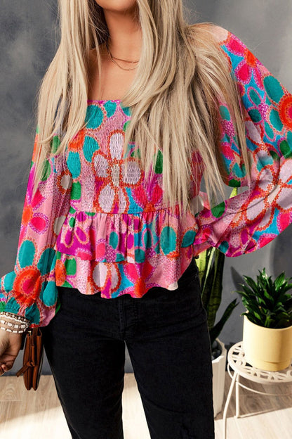 Floral Smocked Ruffled Balloon Sleeve Blouse Blouse Trendsi   