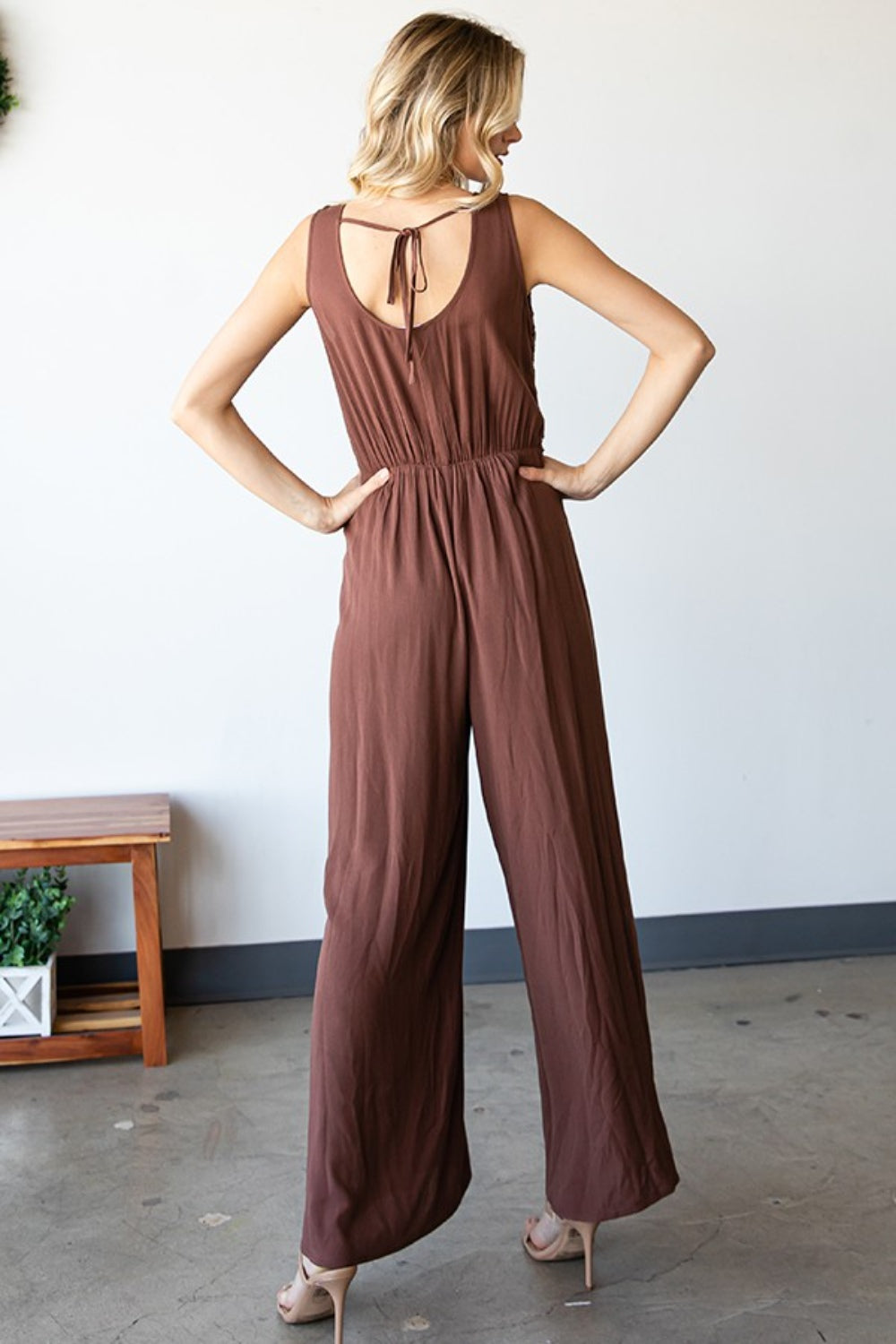 First Love Tie Back Sleeveless Slit Wide Leg Jumpsuit  Trendsi   