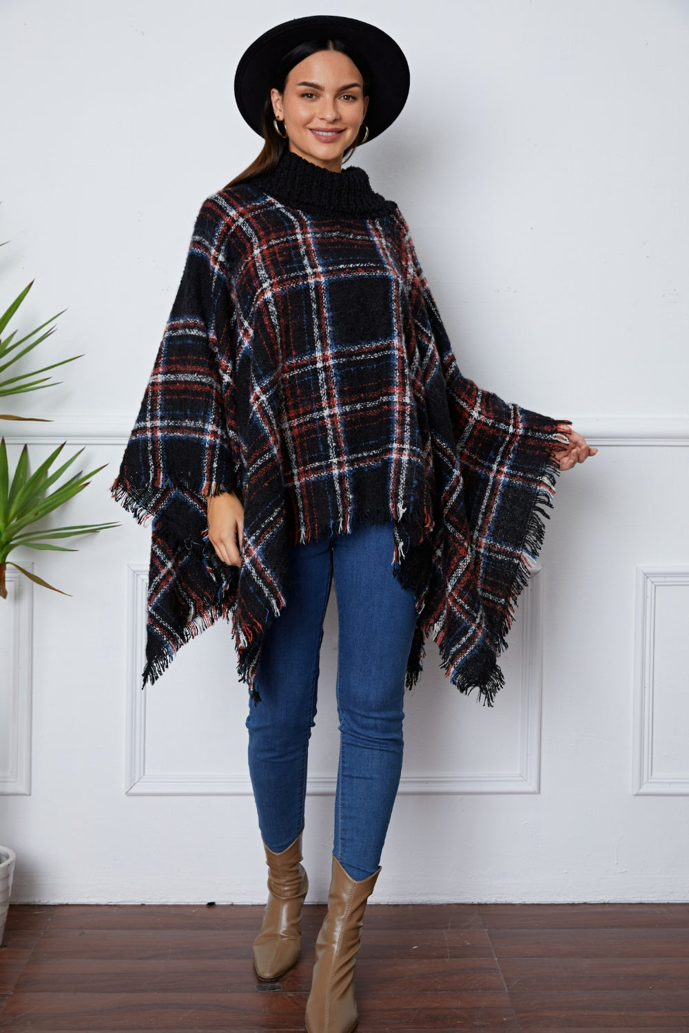 Shiny Turtleneck Plaid Raw Hem Sweater  Trendsi   