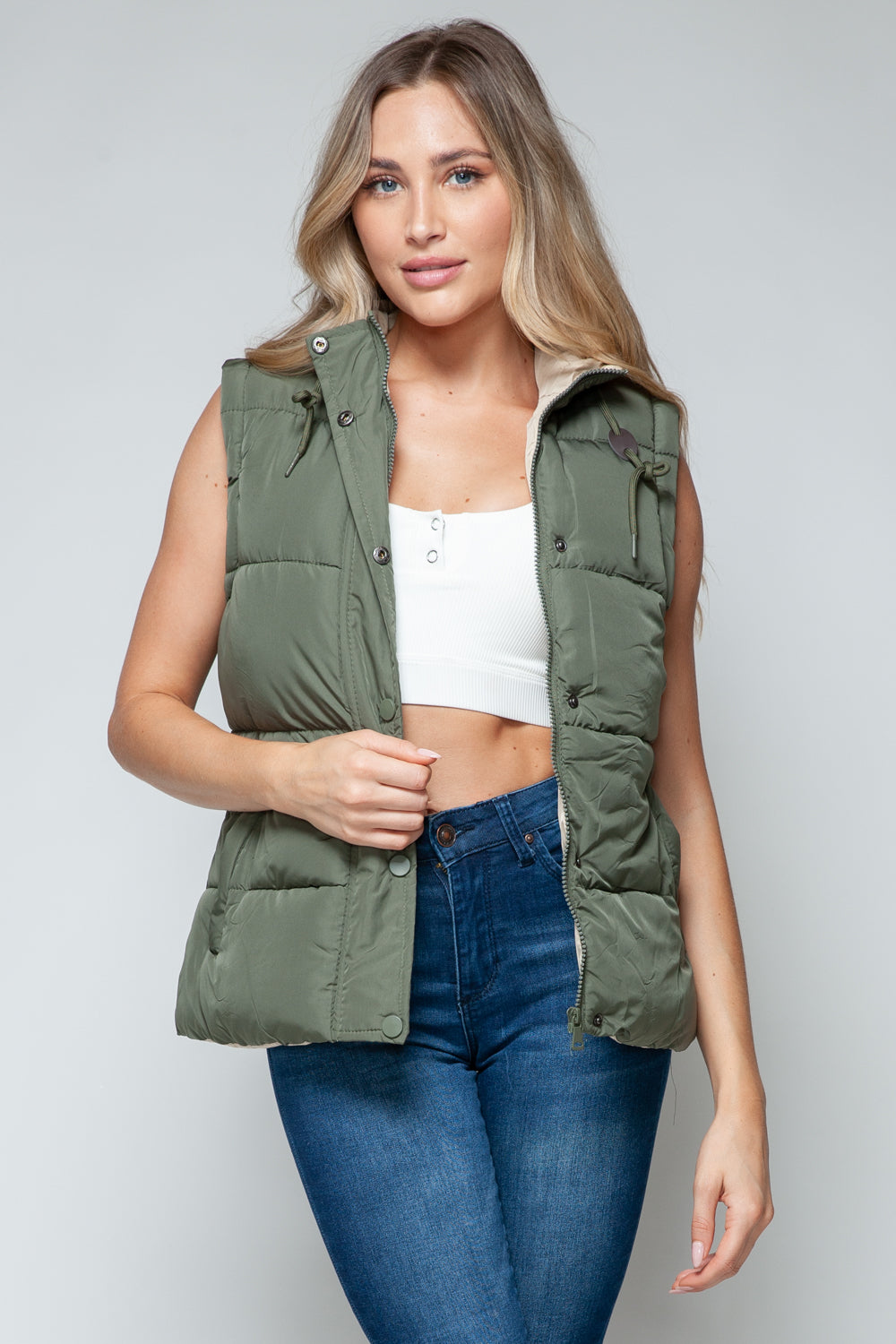 Snobbish Snap and Zip Closure Hooded Vest  Trendsi Light Olive/Sand S 