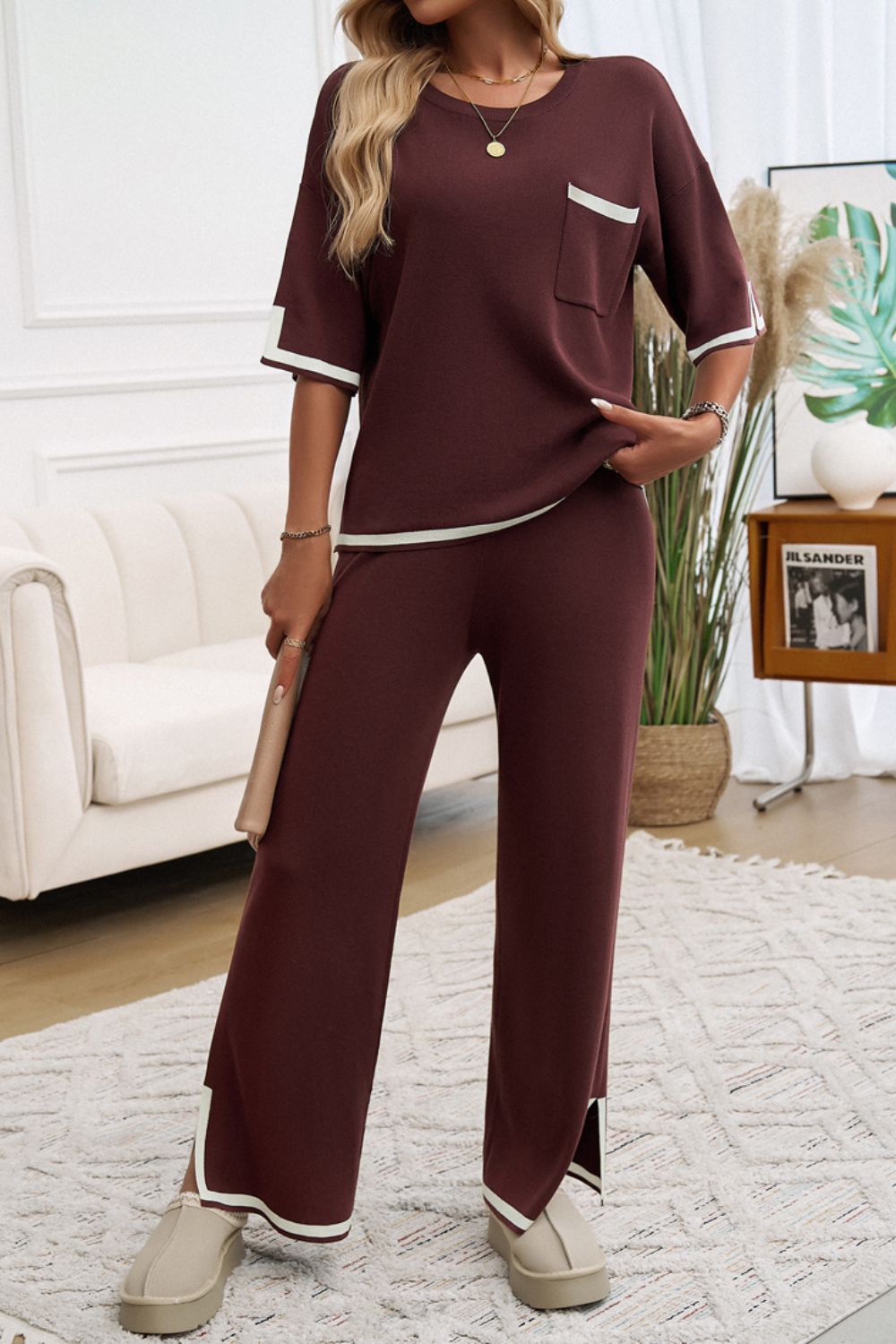 Devine Contrast Trim Half Sleeve Top and Pants Set  Trendsi   