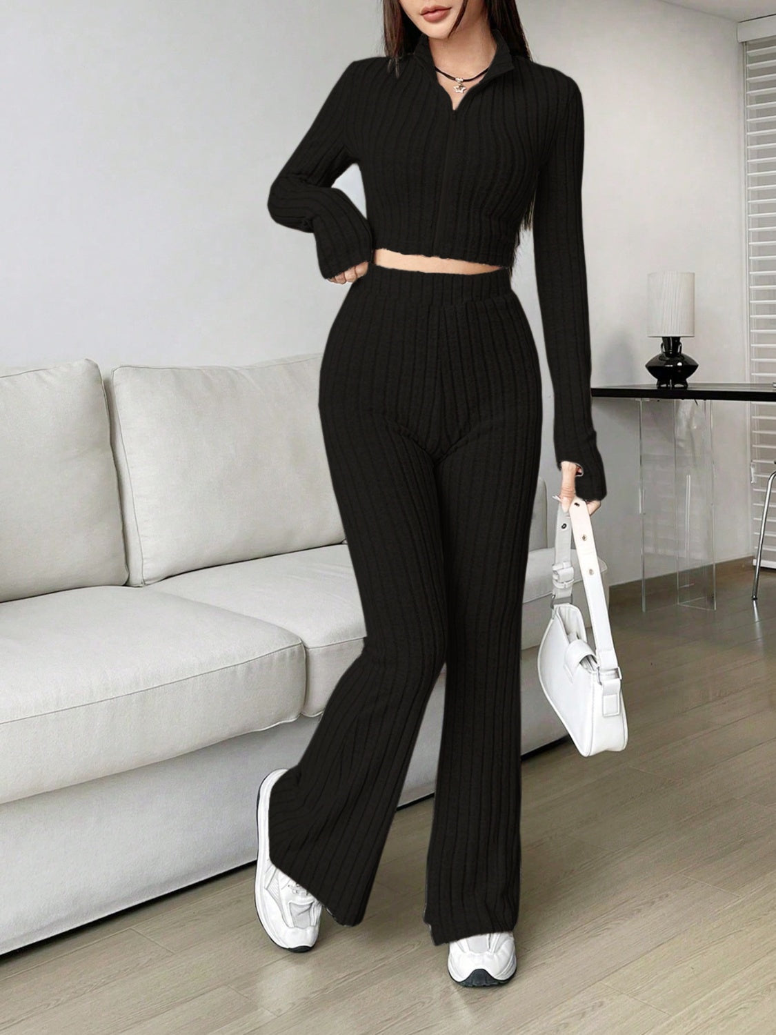 Honey Zip Up Long Sleeve Top and Pants Set  Trendsi   