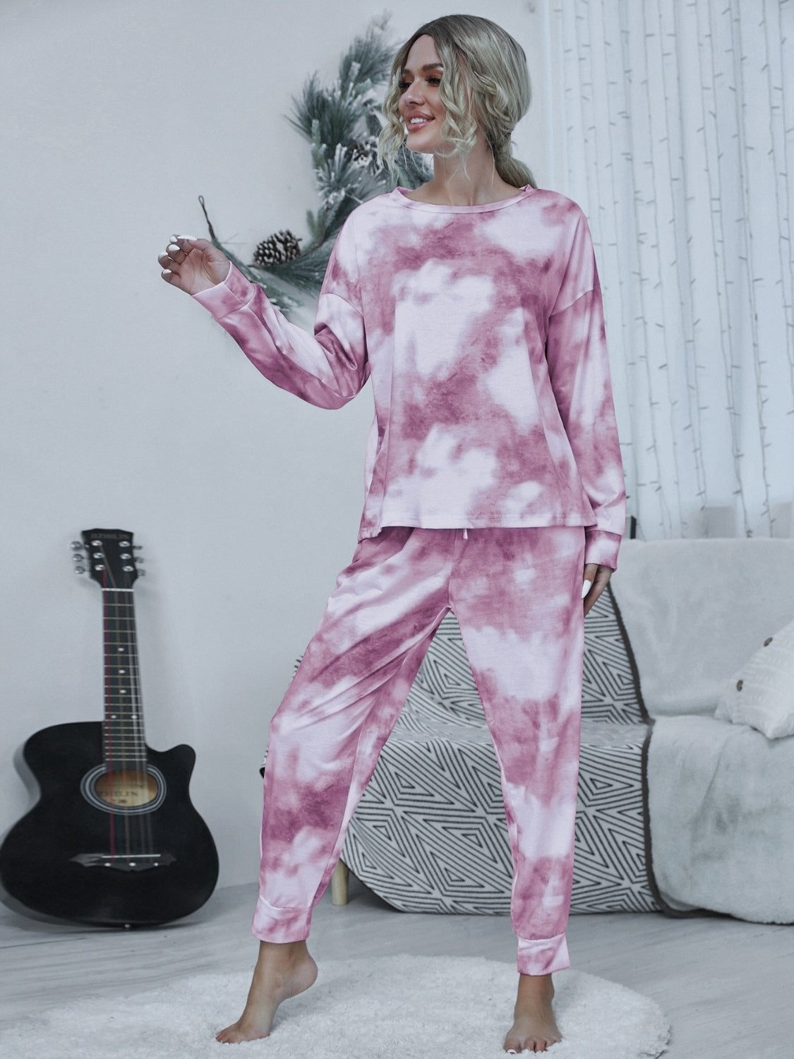 Shiny Tie-dye Round Neck Top and Drawstring Pants Lounge Set  Trendsi   