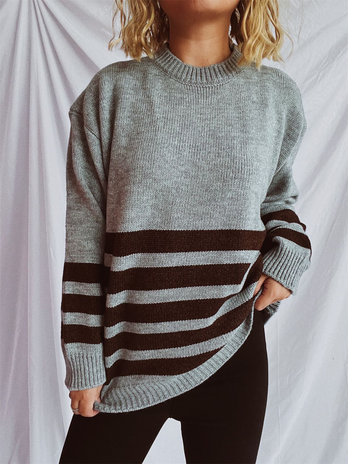 Striped Dropped Shoulder Long Sleeve Sweater  Trendsi Dark Gray One Size 