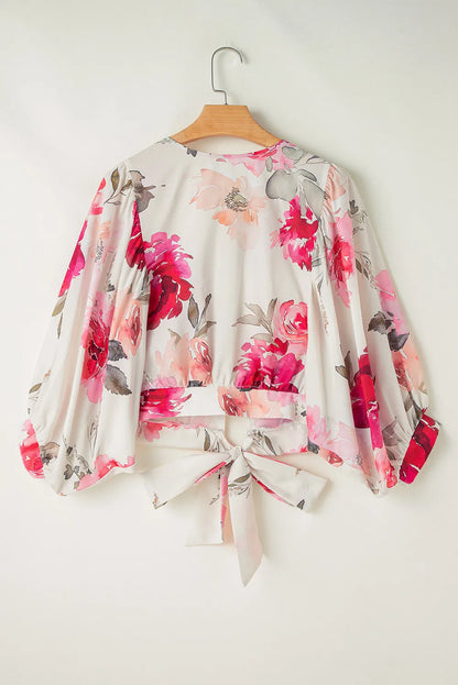 Tied Floral Round Neck Three-Quarter Sleeve Blouse Blouse Trendsi   