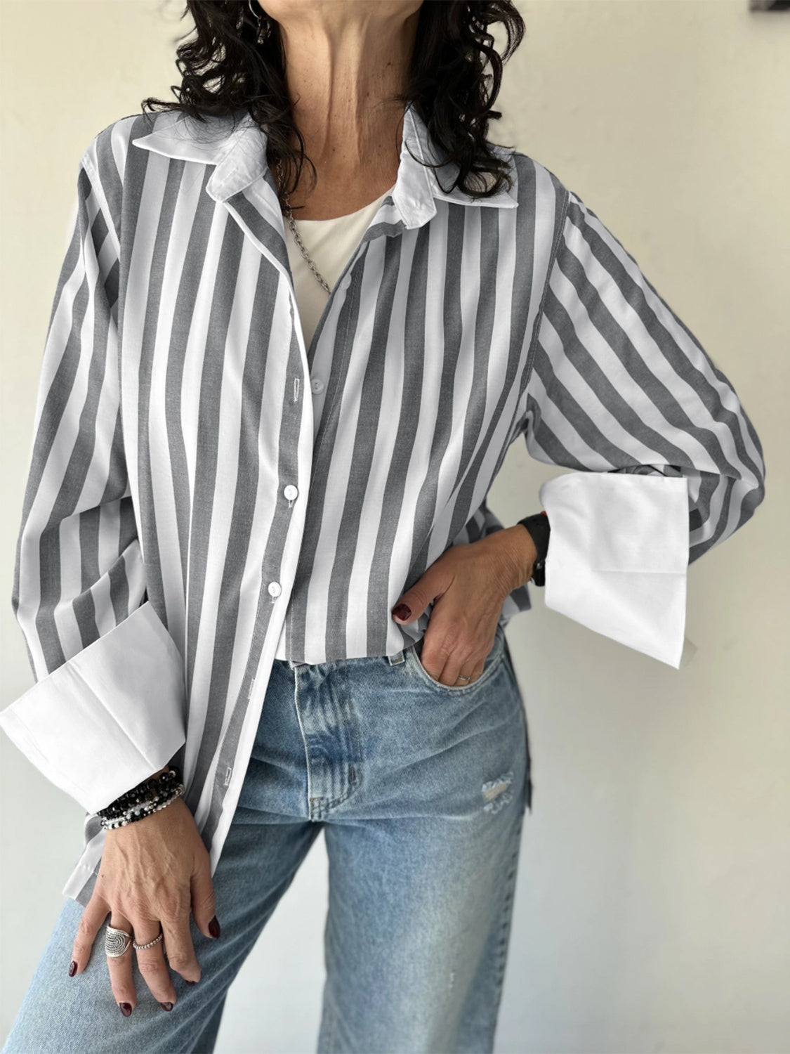 Striped Collared Neck Long Sleeve Shirt Blouse Trendsi   