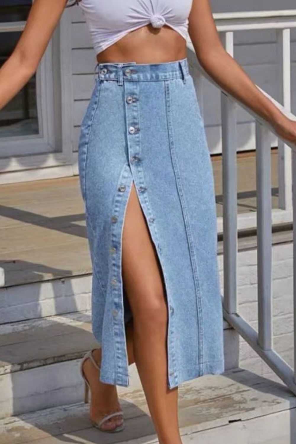 Buttoned Split Denim Skirt  Trendsi Light XS 