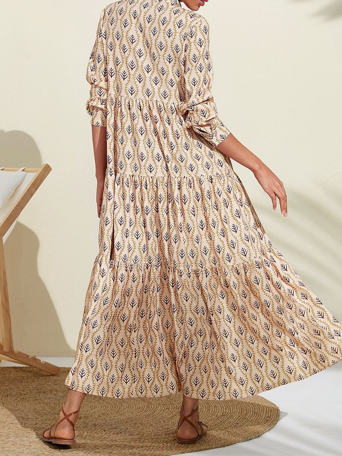 Printed Notched Long Sleeve Midi Dress  Trendsi   