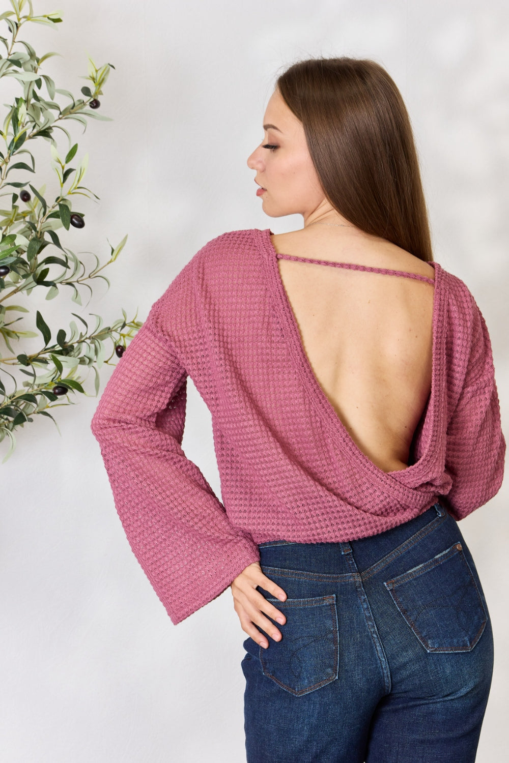 Culture Code Full Size Waffle-Knit Round Neck Long Sleeve Blouse Blouse Trendsi   