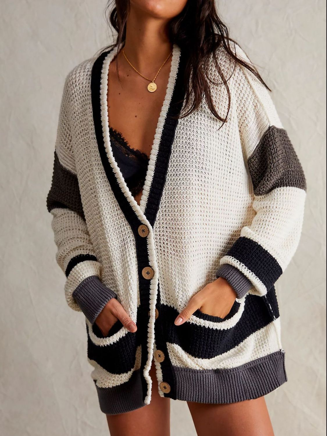 Pocketed Contrast V-Neck Long Sleeve Cardigan  Trendsi White S 