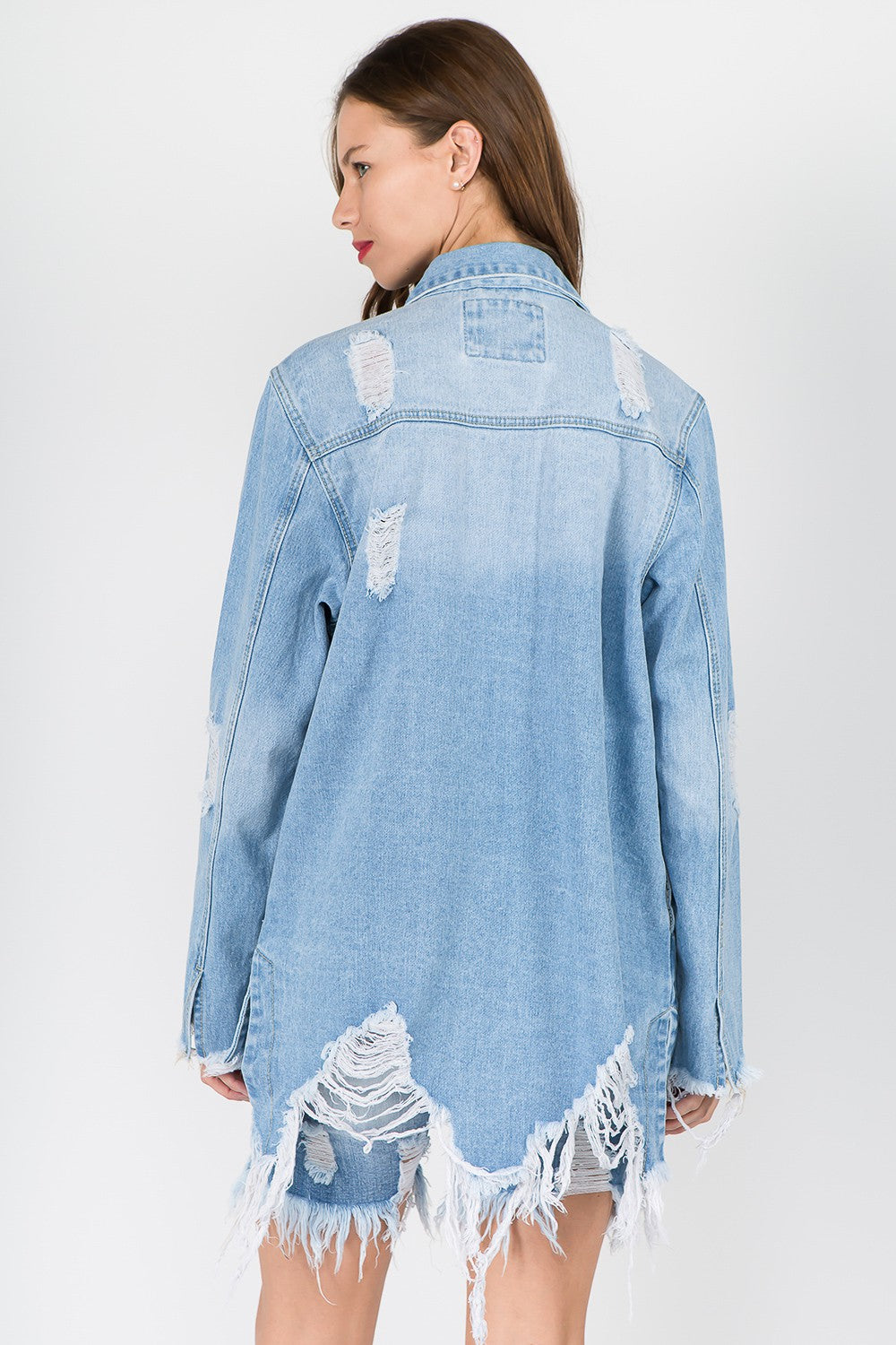 American Bazi Distressed Frayed Hem Denim Jacket  Trendsi   