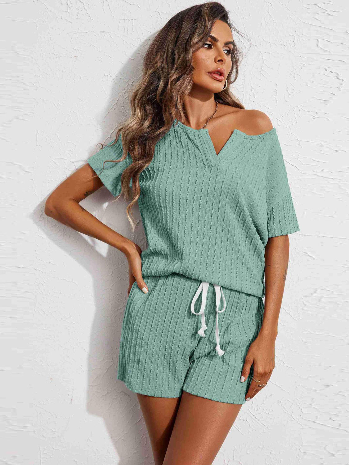 Notched Short Sleeve Top and Shorts Set Top And Short Set Trendsi   