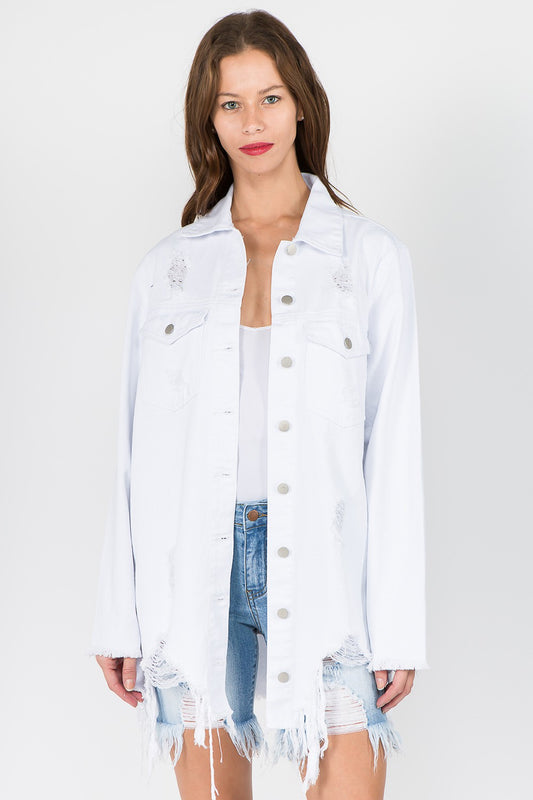 American Bazi Distressed Frayed Hem Denim Jacket  Trendsi White S 