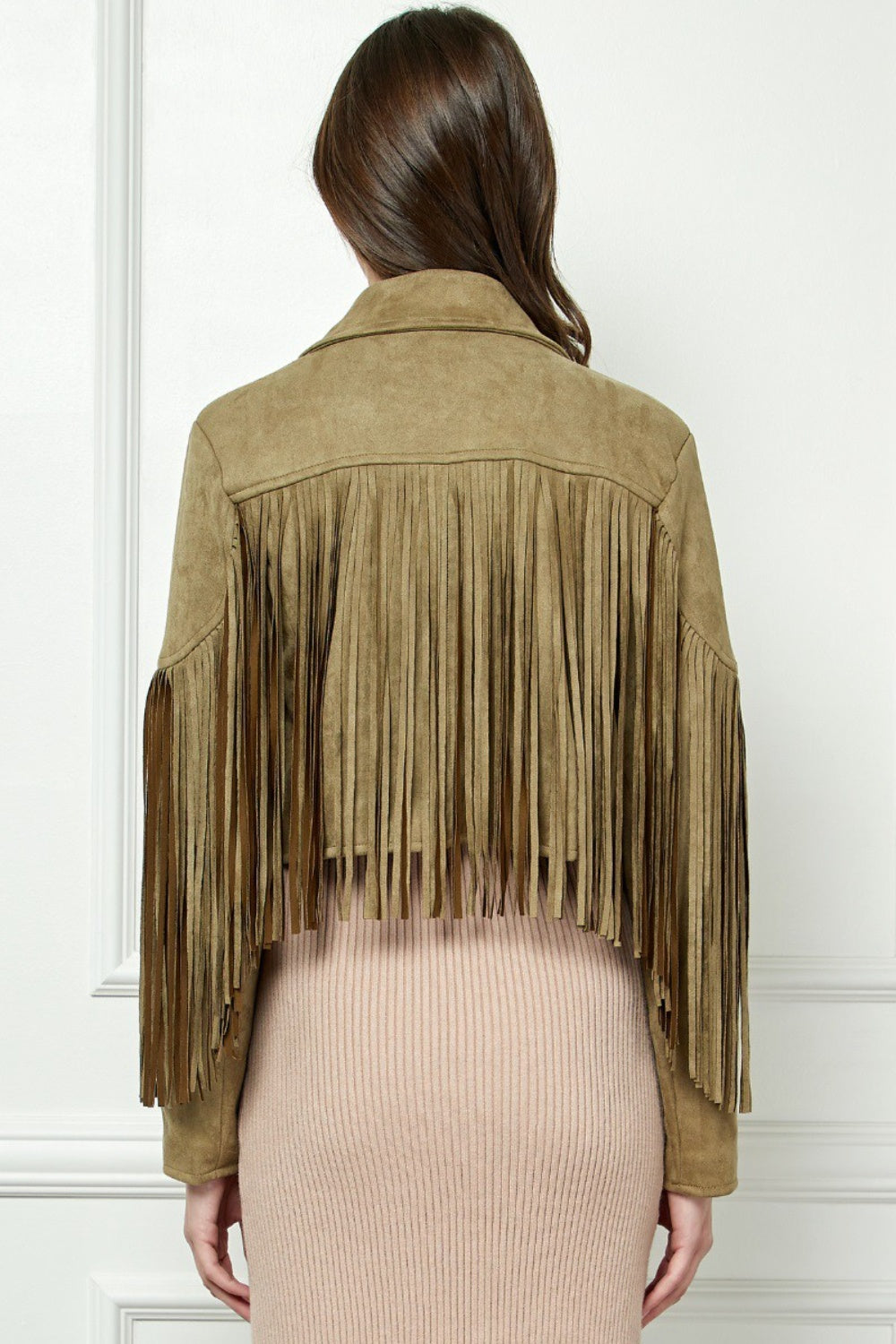 Veveret Suede Fringe Long Sleeve Moto Jacket  Trendsi   