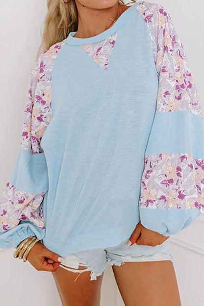 Printed Round Neck Balloon Sleeve Blouse Blouse Trendsi Light Blue S 