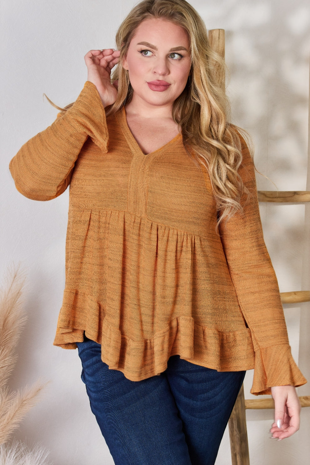 Hailey & Co Full Size V-Neck Flounce Sleeve Blouse  Trendsi   