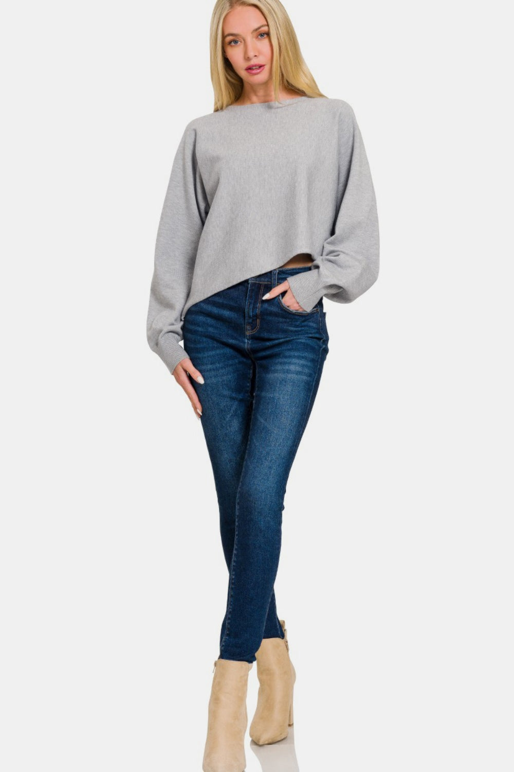 Zenana Asymmetric Hem Long Sleeve Sweater  Trendsi   