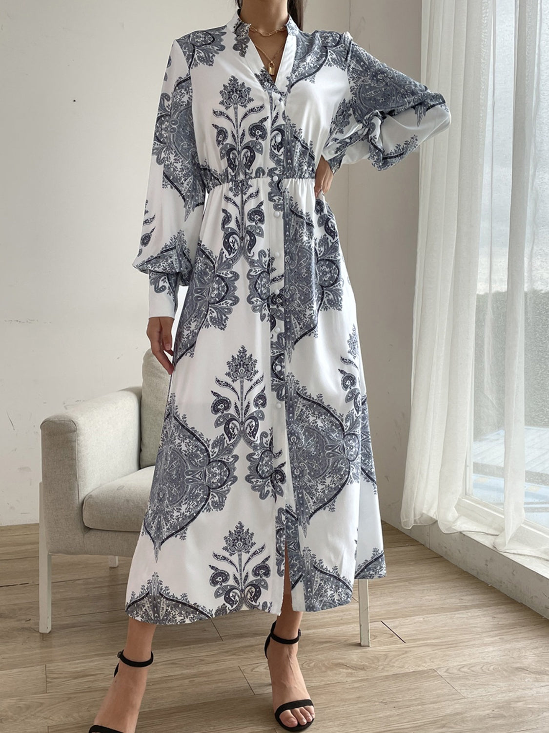 Printed Notched Lantern Sleeve Midi Dress  Trendsi White S 