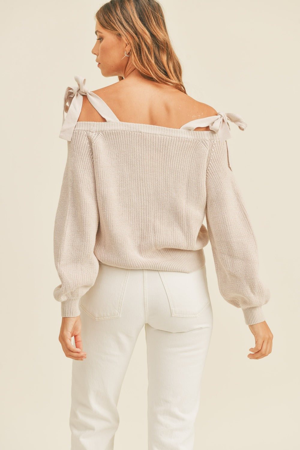 MABLE Off Shoulder Self Tie Strap Button Down Sweater  Trendsi   