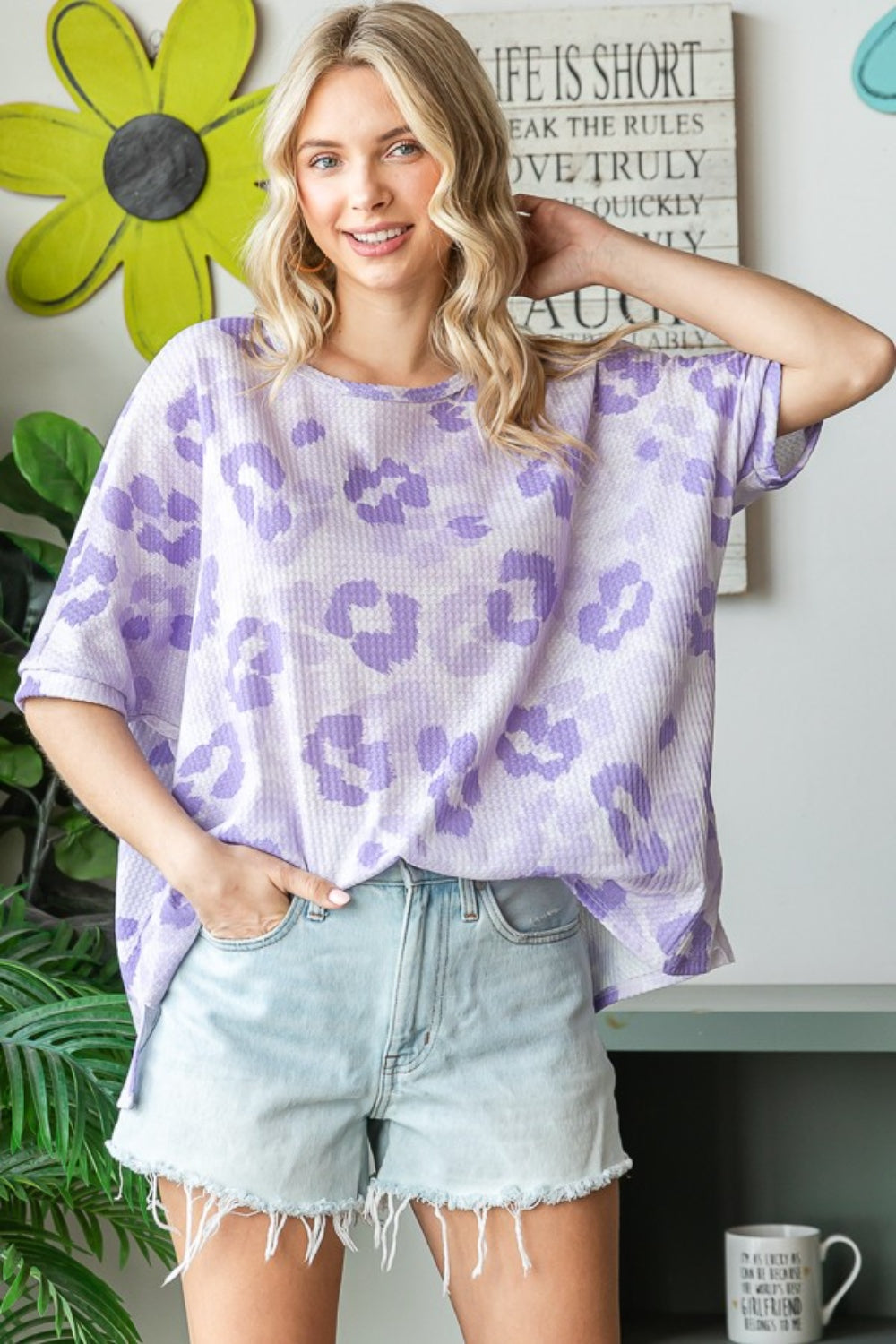 HOPELY Print Waffle Oversized T-Shirt  Trendsi Lavender S 