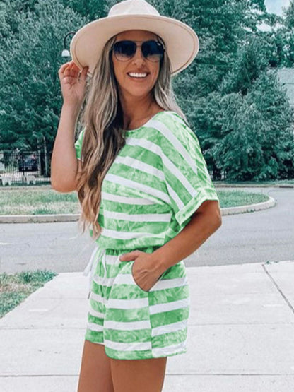 Striped Round Neck Top and Shorts Set  Trendsi   