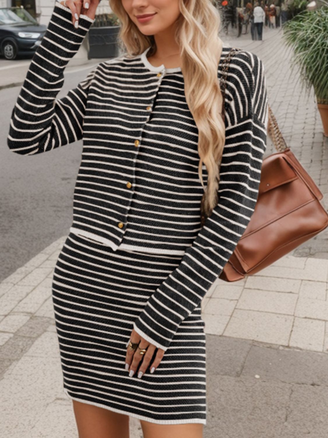 Striped Long Sleeve Top and Skirt Set  Trendsi   