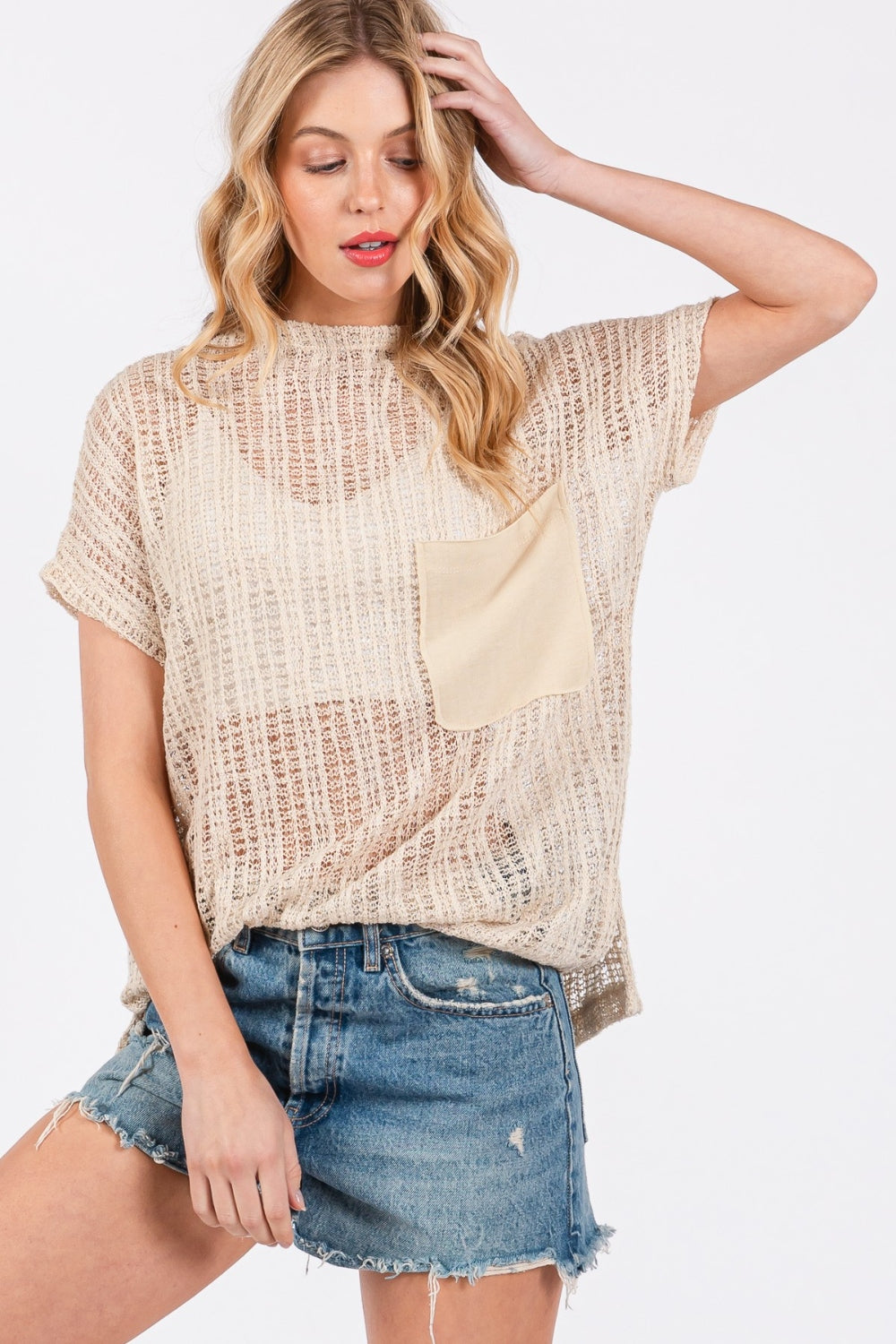 Ces Femme See Through Crochet Mock Neck Cover Up  Trendsi   