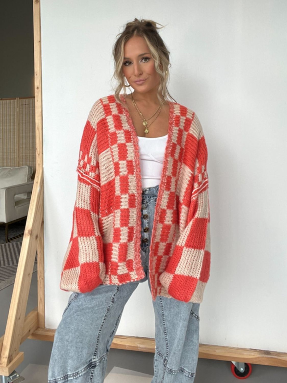 Plaid Open Front Long Sleeve Cardigan  Trendsi Deep Red M 