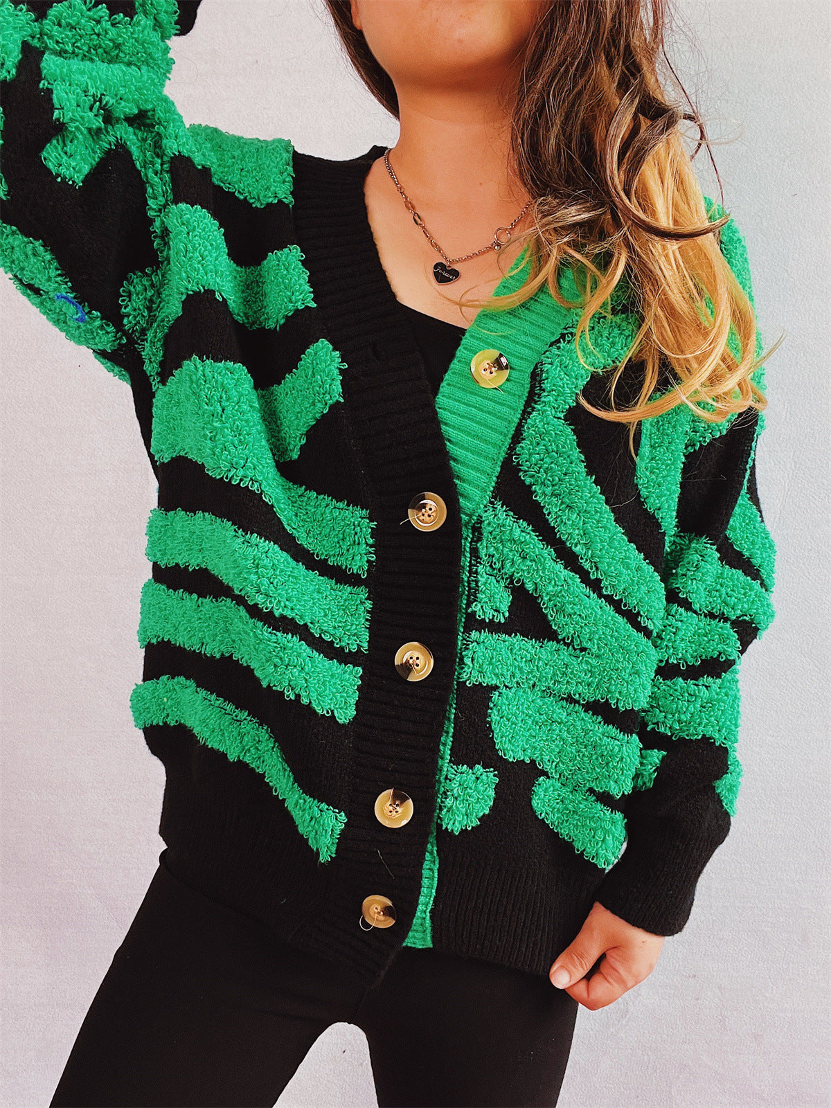 Contrast Button Up Long Sleeve Cardigan  Trendsi Green One Size 