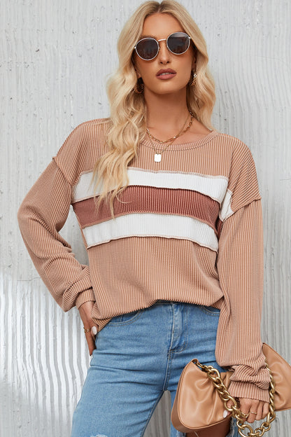 Ribbed Color Block Exposed Seam Round Neck Blouse Blouse Trendsi   