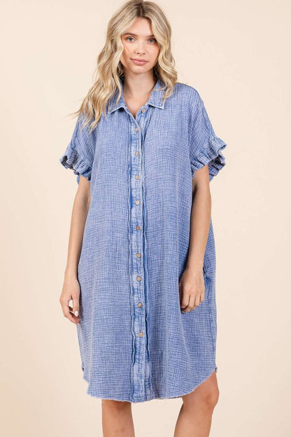 Mittoshop Mineral Wash Cotton Gauze Mini Shirt Dress  Trendsi   