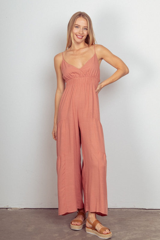 VERY J Sleeveless Ruched Wide Leg Jumpsuit  Trendsi Blush S 