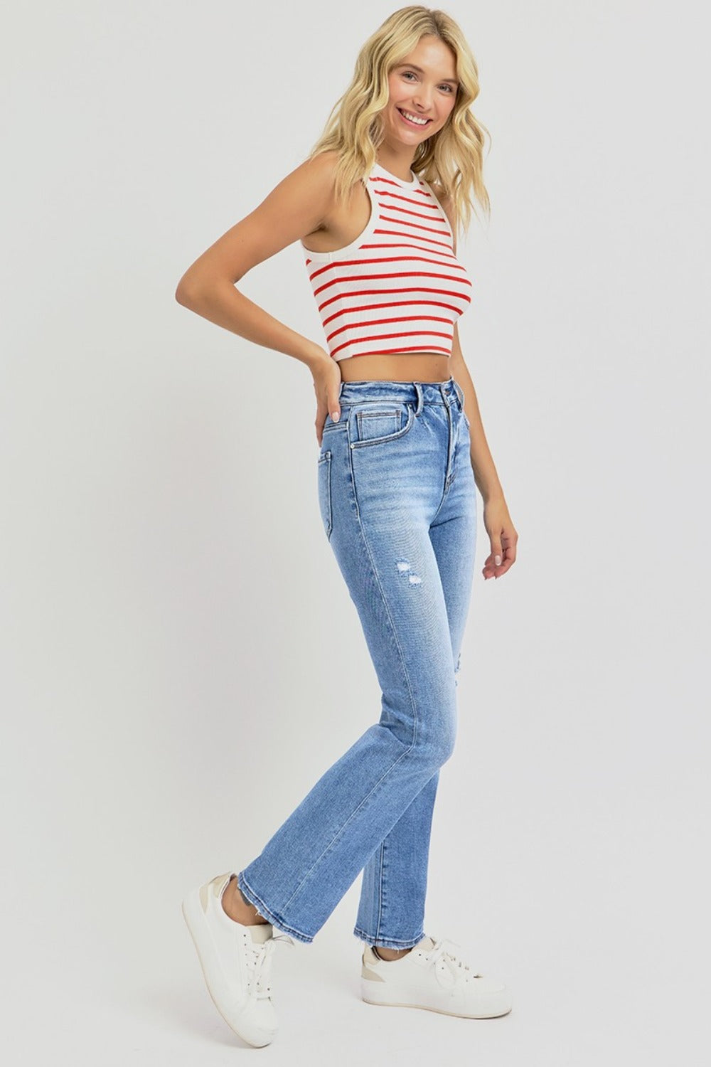 RISEN Full Size Distressed High-Rise Ankle Straight Jeans  Trendsi   